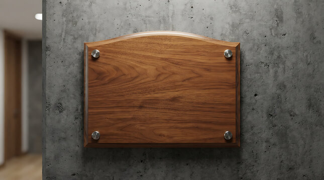A detailed close-up of a rustic wooden plaque mounted on a textured concrete wall