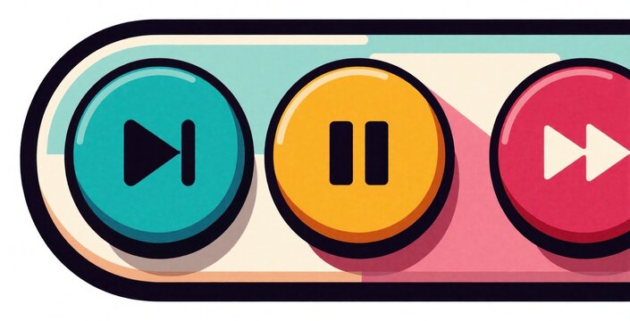 Retro media player interface design with colorful flat buttons. Blue skip back, yellow pause, pink fast forward icons on digital music control panel. Vintage style UI concept for audio playback app