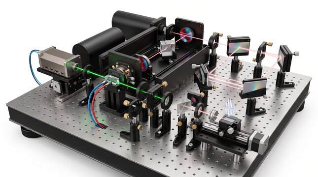 Optical breadboard table displays a complex setup of laser beams, mirrors, and lenses for physics research.