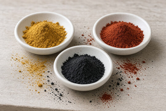 Yellow ochre, red and black earth pigment powders in dishes