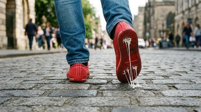 Person Stepping on Chewing Gum on a Cobblestone Street, Red Sneakers with Sticky Gum Stuck to Sole