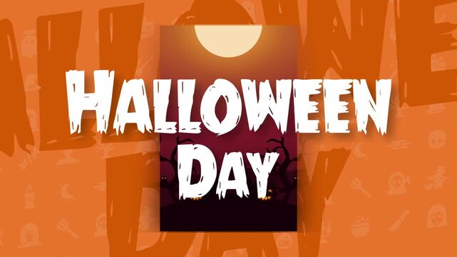 Happy Halloween Day Title Intro Motion Graphic Animation with Spooky Night Poster Card and Orange Pattern Background Video 4k