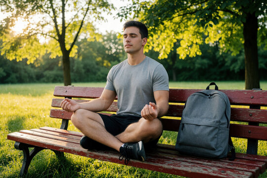 Young man sits on wooden bench in green park. Male person practices meditation, mindfulness sitting cross legged. Relaxed guy yoga breathing exercises outdoors. Backpack rests beside during peaceful