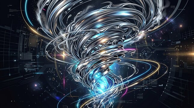 Futuristic metallic tornado with glowing energy lights, abstract technology vortex background, cyber space concept art