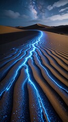 Fototapeta premium Surreal night desert landscape with glowing blue bioluminescent light on sand dunes. Magical blue energy flows through desert ripples under starry milky way galaxy sky. Mystical glowing waves create