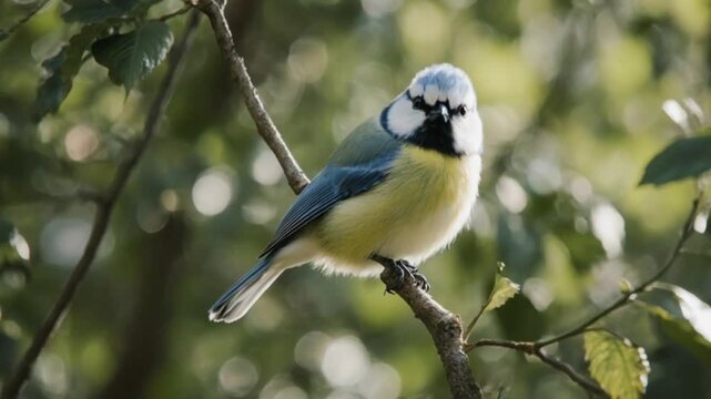 Beautiful Blue Tit Bird Perched on a Tree Branch in a Sunlit Woodland with Soft Bokeh Background