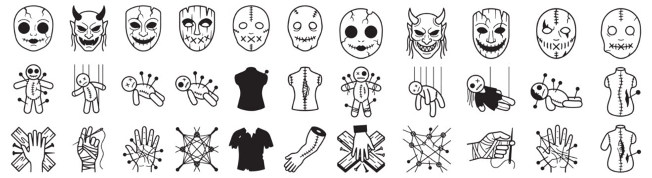Voodoo Dolls, Stitched Masks and Pinned Puppets Set With Needles, Thread and Bound Hands 