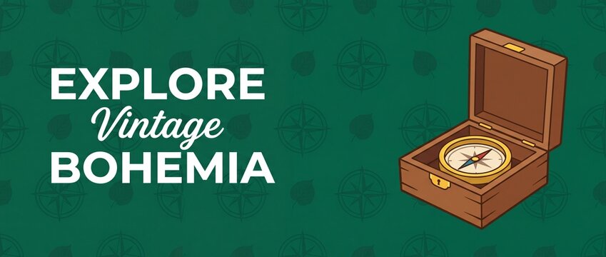 Vintage compass wooden box banner with explore vintage bohemia text for travel adventure header graphic retro navigation illustration design background for discovery web wallpaper banner template
