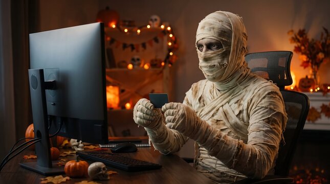 Mummy Halloween Costume Using a Computer in a Spooky Room