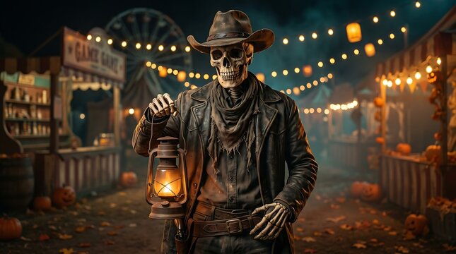 Skeleton Cowboy Holding a Lantern at a Halloween Carnival