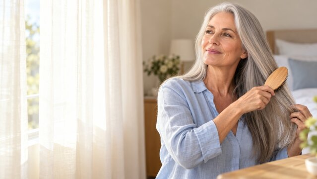 Woman brushing naturally silver hair beside a bright bedroom window