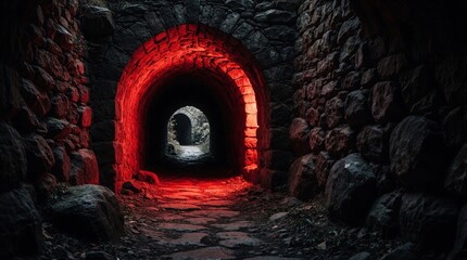 Fototapeta premium Ancient stone archway tunnel with eerie red lighting. Dark gothic passage leads into mysterious underground chamber. Scary moody portal shows rocky entrance with shadows, gloom. Ominous red glow