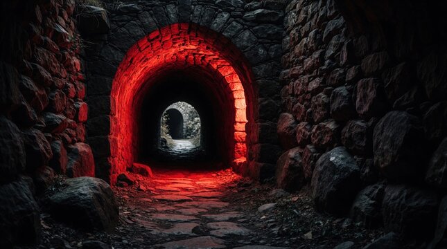 Ancient stone archway tunnel with eerie red lighting. Dark gothic passage leads into mysterious underground chamber. Scary moody portal shows rocky entrance with shadows, gloom. Ominous red glow