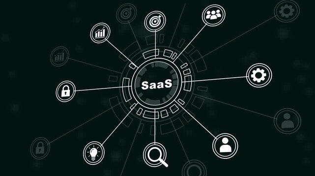 Dynamic saas software as a service concept infographic animation featuring interconnected digital business and futuristic hud interface for corporate technology and cloud computing presentations
