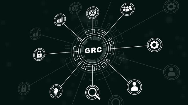 Dynamic grc governance risk and compliance infographic animation featuring interconnected business and digital hud interface for corporate strategy, data security, and regulatory management