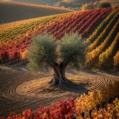 Naklejka premium Autumn landscape with single olive tree in colorful vineyard. Rows of grapevines show red, orange, yellow leaves. Scenic countryside view with hills, cultivated farmland during fall season. Peaceful
