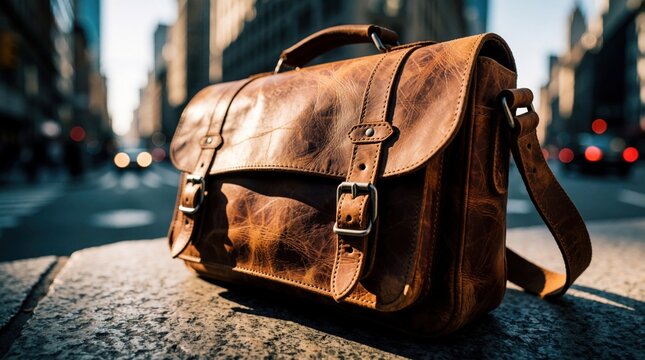 Vintage brown leather messenger bag sits on stone ledge in city. Classic handmade satchel with flap, buckles rests on urban curb. Stylish unisex briefcase for work travel in busy street background