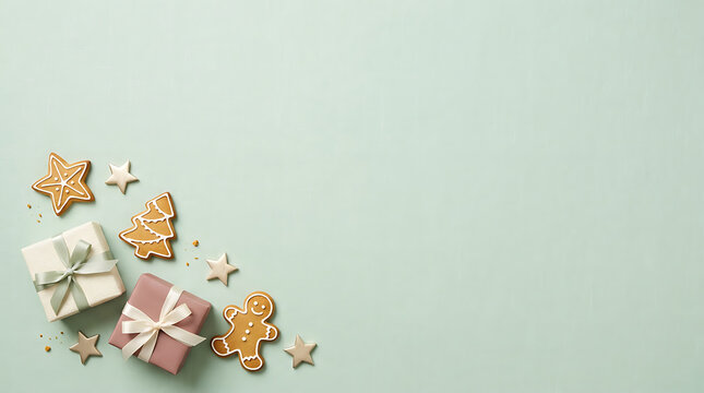 Flat lay christmas composition with gingerbread cookies and wrapped gift boxes transparent background