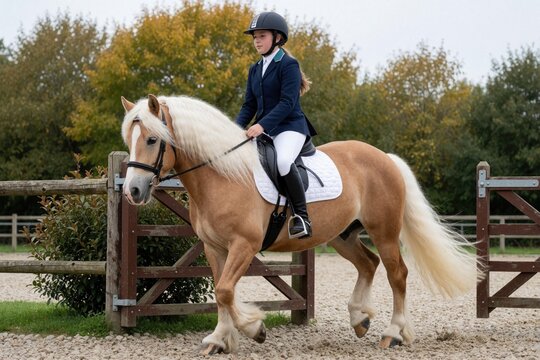 Young female rider sits on palomino horse during equestrian competition. Girl wears blue show jacket, black helmet riding Section C Welsh cob stallion. Athlete performs dressage show jumping in
