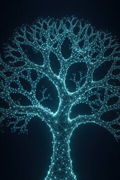 Futuristic digital tree glows with bright blue light. Abstract neural network branches form complex geometric connections. Cyber tech concept shows glowing data structure artificial intelligence