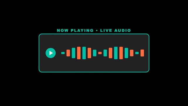 Flat modern audio waveform equalizer bars and pulsing play button inside a HUD transparent container