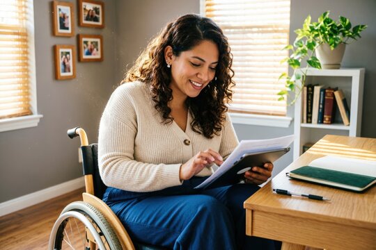 Una mujer latina en silla de ruedas r&iacute;e suavemente mientras revisa documentos en una tableta. Est&aacute; sentada en un escritorio compacto, en una oficina en casa iluminada por el sol