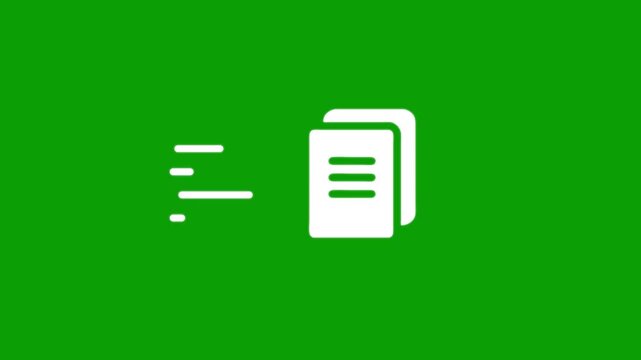 Animated white file icon with motion speed lines on green screen background for document transfer concepts.