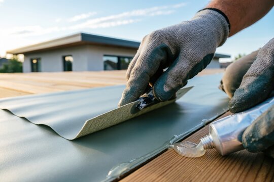 Primer plano de unas manos enguantadas alisando una membrana ecol&oacute;gica sobre una terraza en la azotea con una herramienta de aplicaci&oacute;n