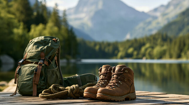 a pair of rugged brown hiking boots and a green backpack placed on a wooden dock. The boots have a thick sole and laces, and the backpack has multiple straps and buckles.
