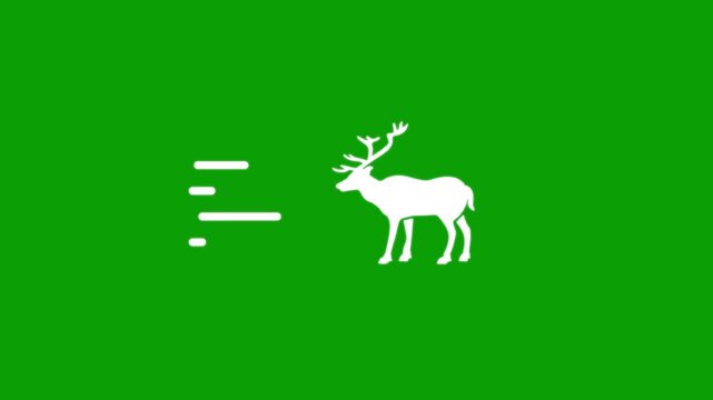 Minimalist white reindeer silhouette running with motion lines on green screen background.