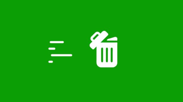 Trash can icon animation with paper disposal motion effect on green screen background.