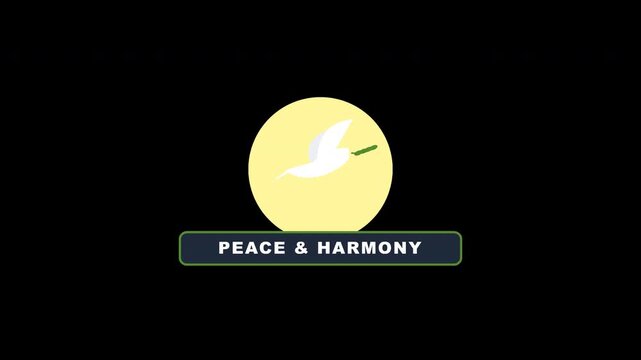 Graphic animation of a white peace dove flying with flapping wings in front of a golden sunburst background, representing freedom and hope