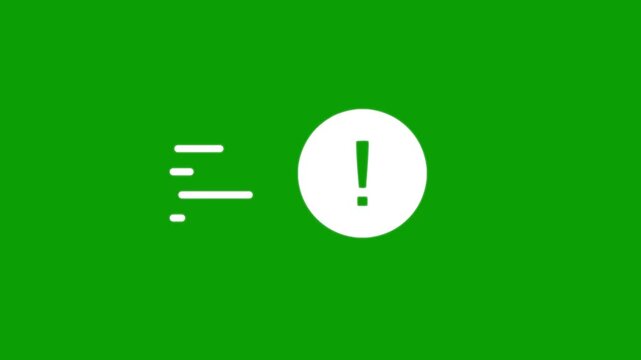 Animated white circular exclamation mark icon with dynamic motion lines on a green screen background.