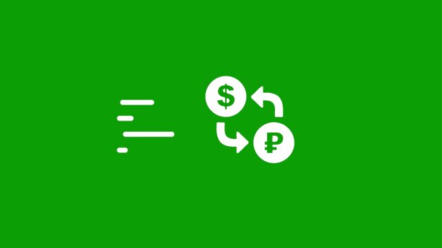 Fast dollar to ruble currency exchange animation on a vibrant green screen background currency conversion graphic with dynamic lines.