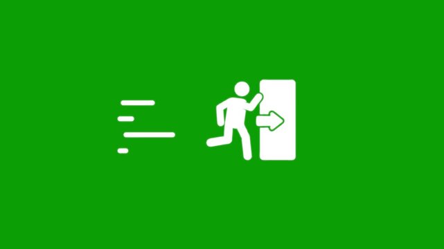 White emergency exit sign animation with running man and motion lines on chroma key green screen background.