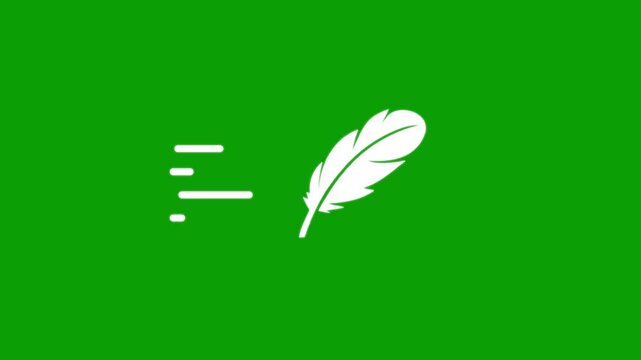 Minimalist white feather pen writing text concept animation on solid green screen background.