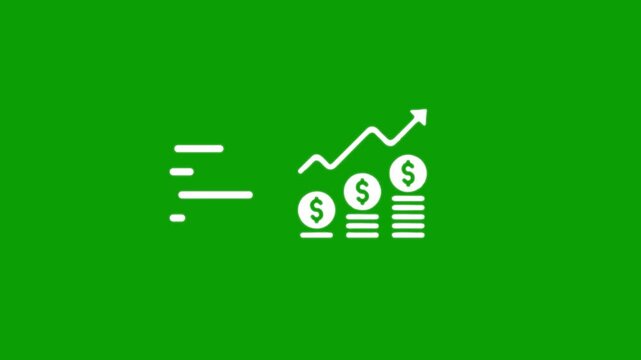 Growing stack of dollar coins with an upward trend line on a vibrant green screen background symbolizing financial growth.