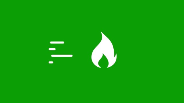 Fast moving fire flame icon symbolizing speed and energy on a green screen background.