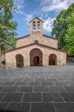 Historic Old Meritxell Church Facade with Stone Courtyard, Canillo, Andorra, Traditional Romanesque Pyrenean Architecture