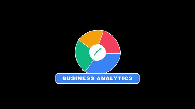 Flat pie chart data analytics visualization with animated exploded segments pulsing outward and inward, vibrant colored slices and a business report banner