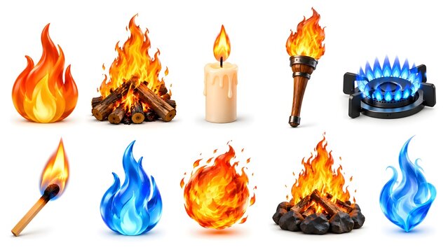 A premium set of 3D fire and flame icons  realistic orange flames  blue flames  burning match  candle fire  campfire  torch  gas flame  and fireball  glossy material  smooth rounded forms  detailed.