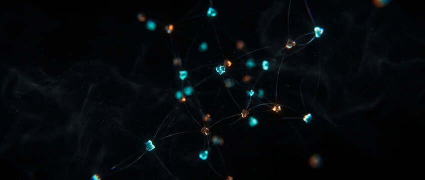 Scattered glowing teal and amber nodes connected by thin filaments floating in dark smoky space