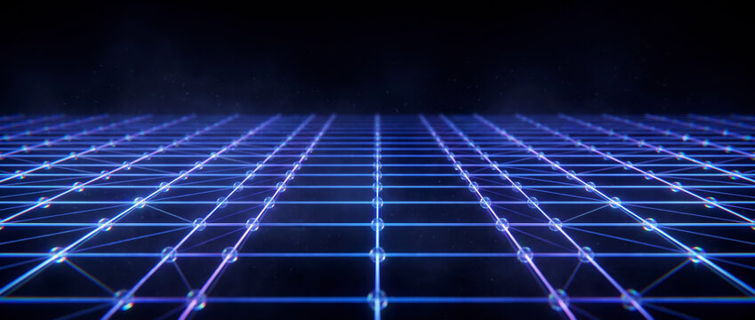 Glowing blue neon wireframe grid with luminous nodes stretching into dark space, digital network