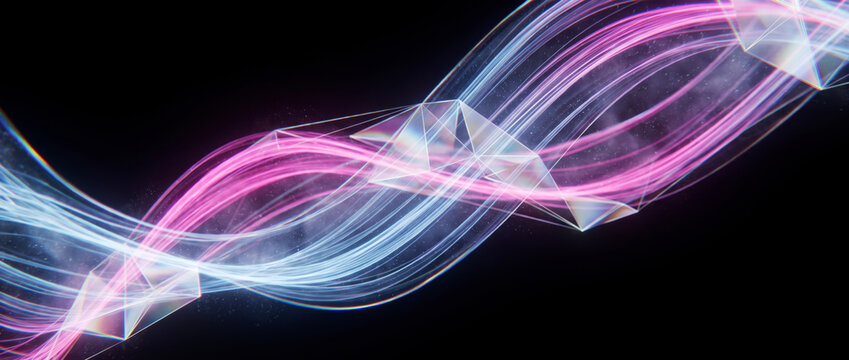 Flowing pink and white light ribbons twisting through translucent crystal facets on black background