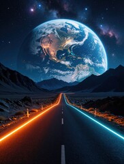 Fototapeta premium Long asphalt highway stretches toward horizon under massive planet Earth. Glowing neon orange, blue lines mark road lanes. Dark mountains, starry cosmic galaxy background create futuristic space