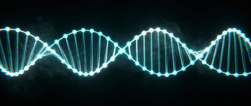 Glowing double helix DNA strand with luminous base pair nodes floating in dark space