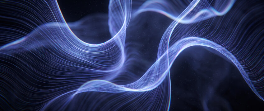 Silky violet blue light strands flowing in undulating waves across a dark abstract background