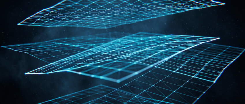 Layered translucent wireframe planes with glowing grid lines floating in dark misty space