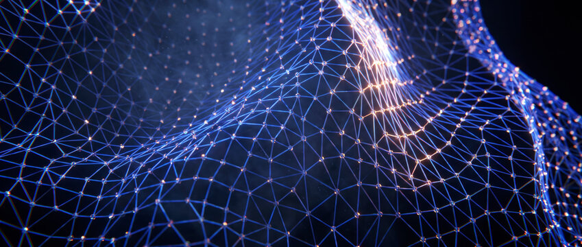 Flowing blue wireframe mesh surface with glowing nodes and warm orange highlights in dark space