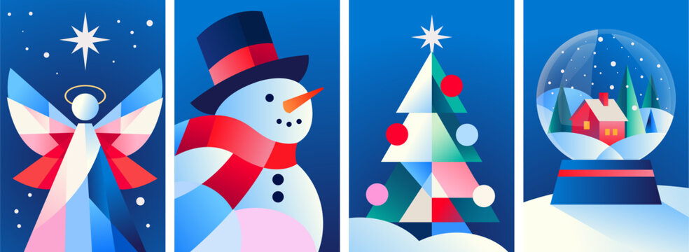 Angel, halo and star, snowman in top hat and scarf, decorated Christmas tree, snow globe cottage. Christmas card set, flat gradient vector holiday posters